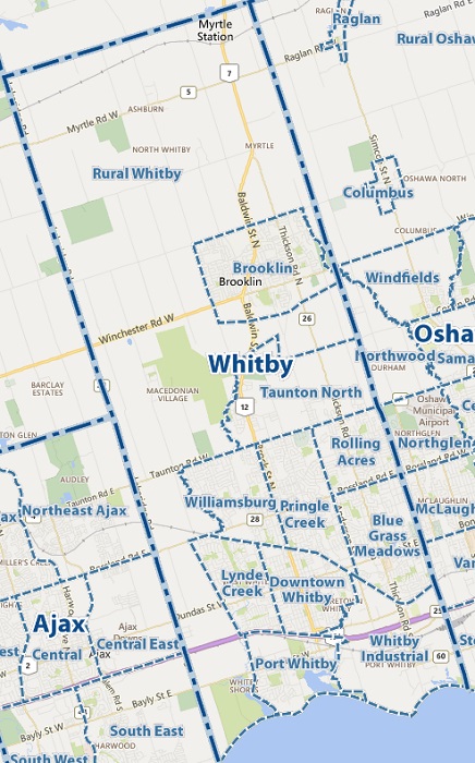 Map of Neighbourhoods in Whitby Durham Region